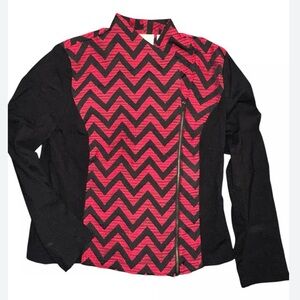 CHICOS Chevron Patterned Red and Black Renaissance Moto Jacket 12 NWOT